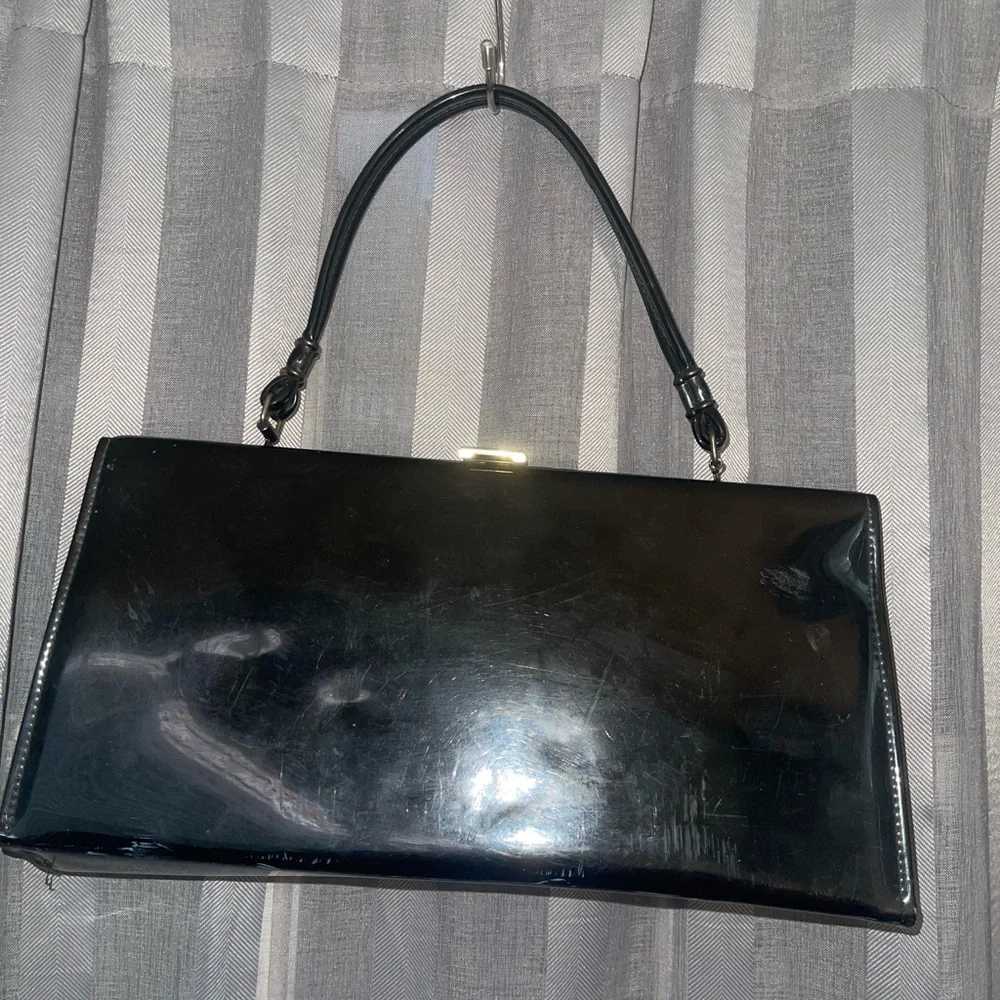 Vintage patent Leather Hinged Top Handle Bag black w/ gold hardware Spilene